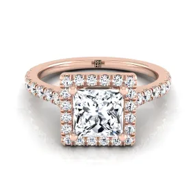 14K Rose Gold Princess Cut Diamond Shared Prong Halo with French Pave Engagement Ring -3/8ctw