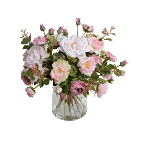 15" Faux Ranunculus & Rose Arrangement in Glass