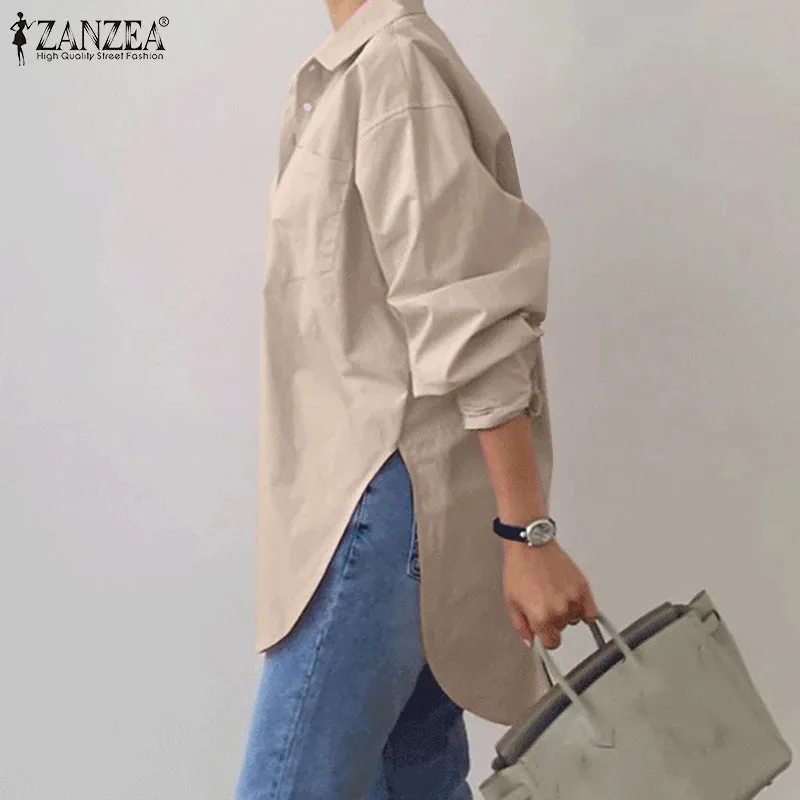 2023 ZANZEA Spring Elegant Blouse Stylish Women Lapel Neck Long Sleeve Shirt Loose Solid Split Hem Tops Oversize OL Work Blusas