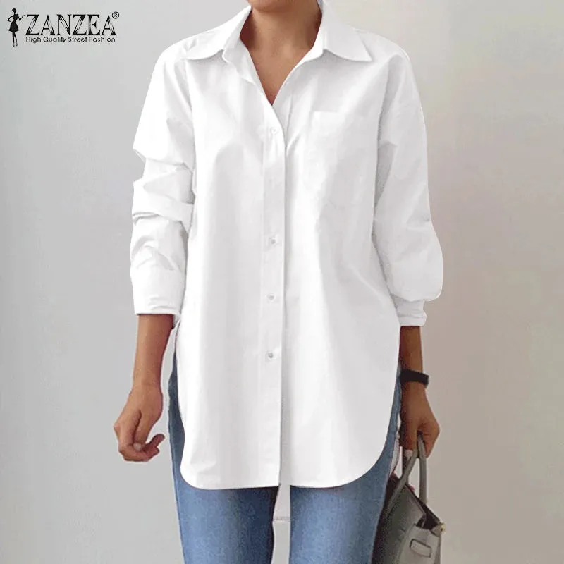 2023 ZANZEA Spring Elegant Blouse Stylish Women Lapel Neck Long Sleeve Shirt Loose Solid Split Hem Tops Oversize OL Work Blusas