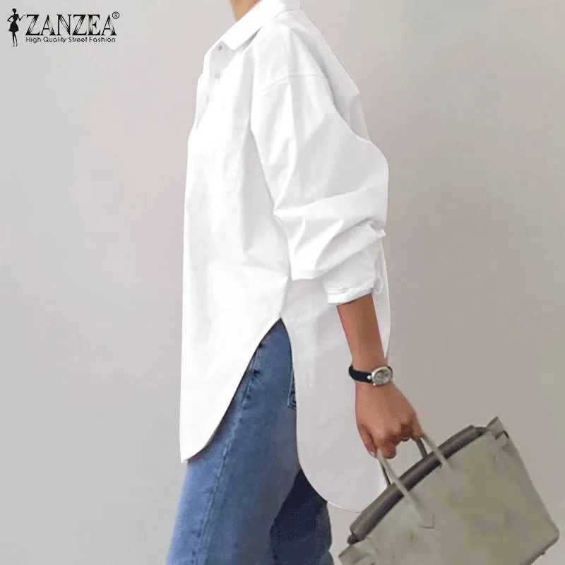 2023 ZANZEA Spring Elegant Blouse Stylish Women Lapel Neck Long Sleeve Shirt Loose Solid Split Hem Tops Oversize OL Work Blusas