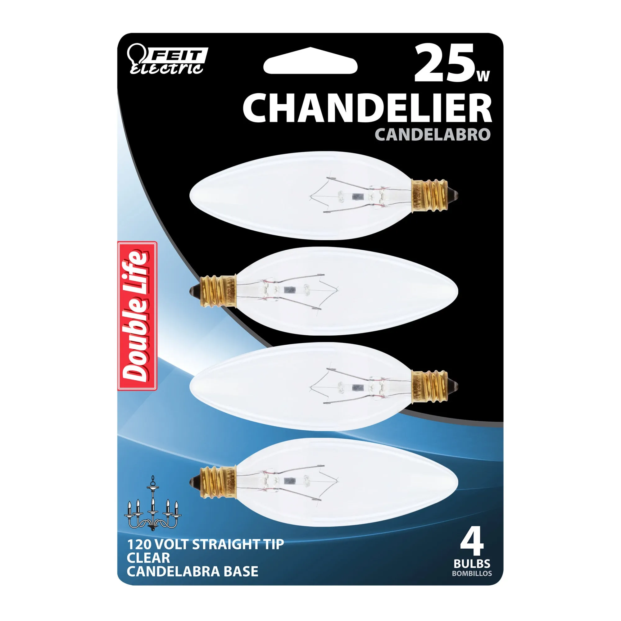 25W Soft White (2700K) E12 Base B10 Dimmable Clear Incandescent Straight Tip Chandelier Light Bulb (4-Pack)