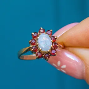 9ct Gold Opal & Garnet Flower Cluster Ring, 0.30ct Opal