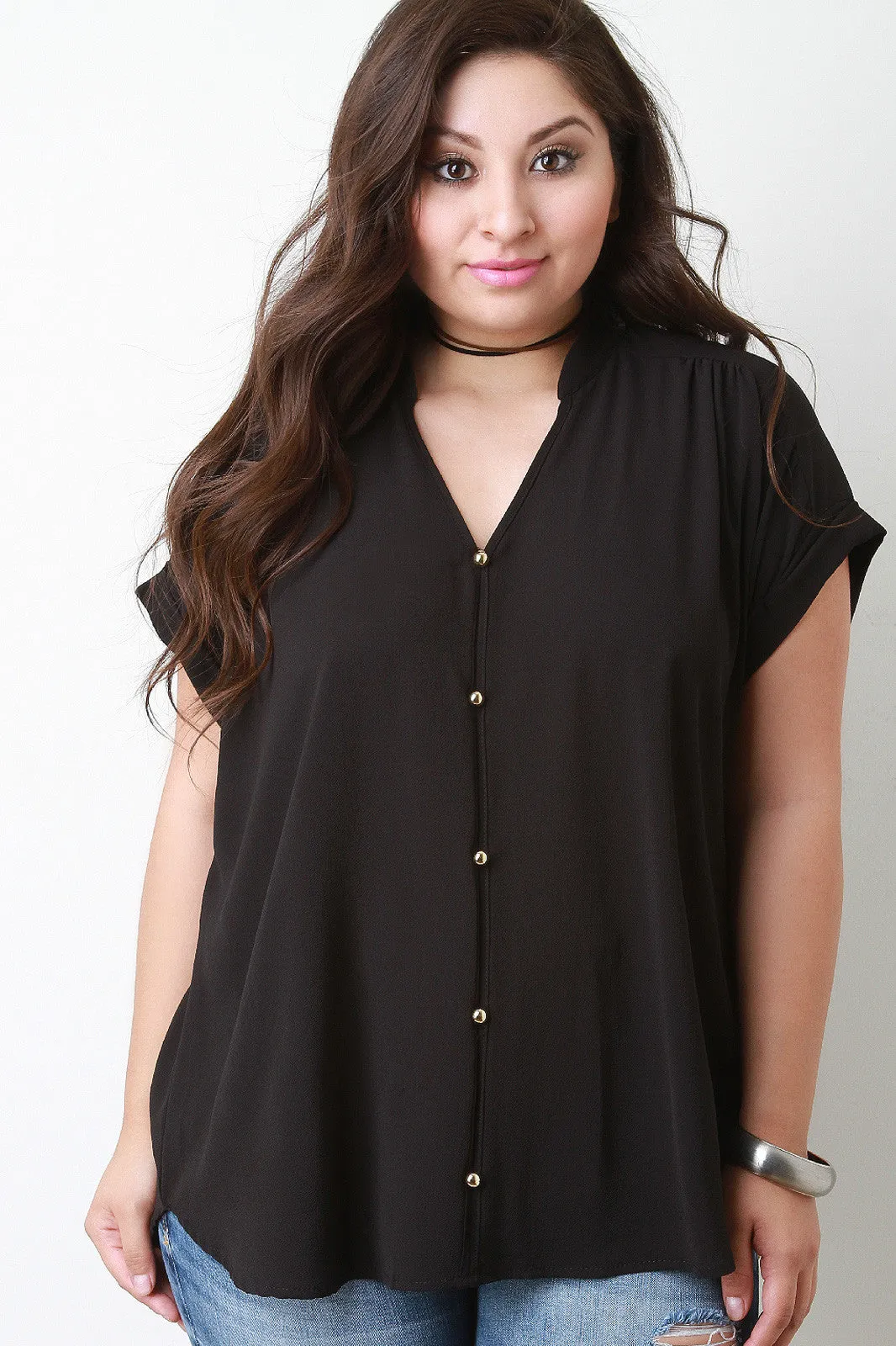 Boxy Cuffed Sleeve Button Top