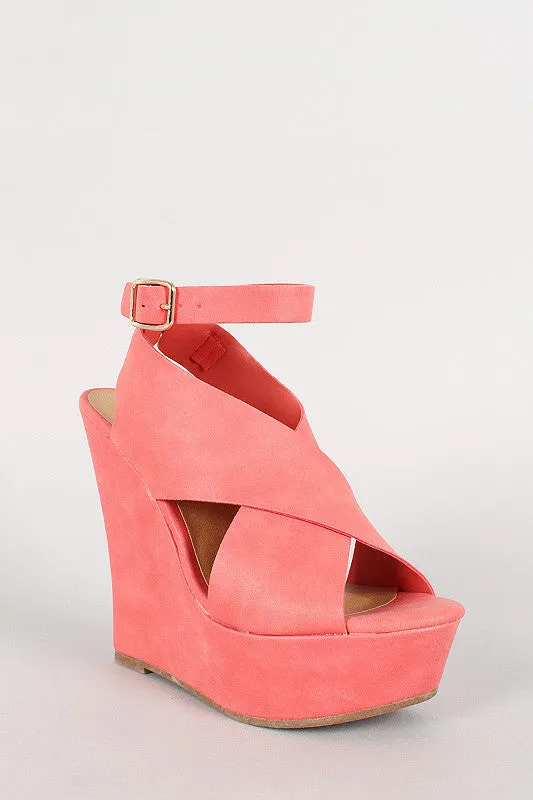 Breckelle Cross Strap Open Toe Platform Wedge