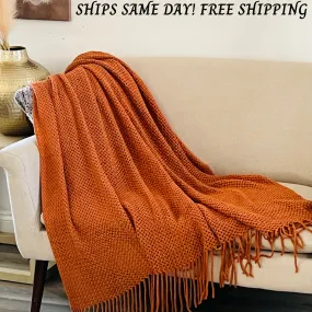 Christmas gift, Nordic knitted blanket, Rust orange throw blanket couch ,Fall bedroom decor, Warm winter Sofa throw, Chunky knit blanket