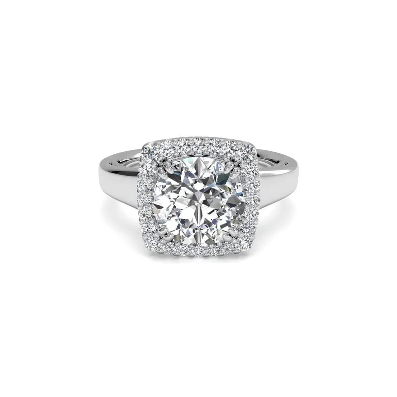 French-Set Cushion Halo Round Brilliant Diamond Engagement Ring