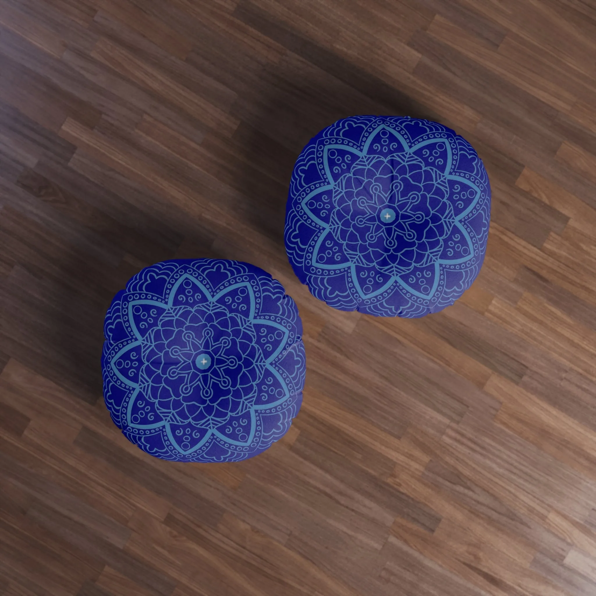 Handmade Mandala Art Floor Cushion - Steel Blue on Navy Blue - Round