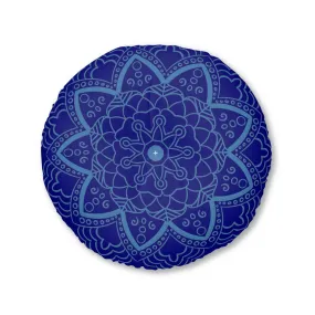 Handmade Mandala Art Floor Cushion - Steel Blue on Navy Blue - Round