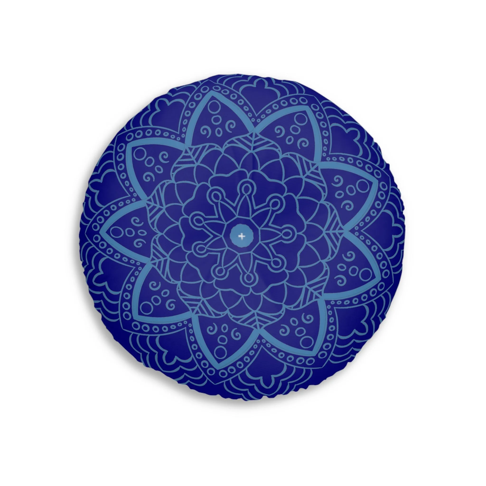 Handmade Mandala Art Floor Cushion - Steel Blue on Navy Blue - Round