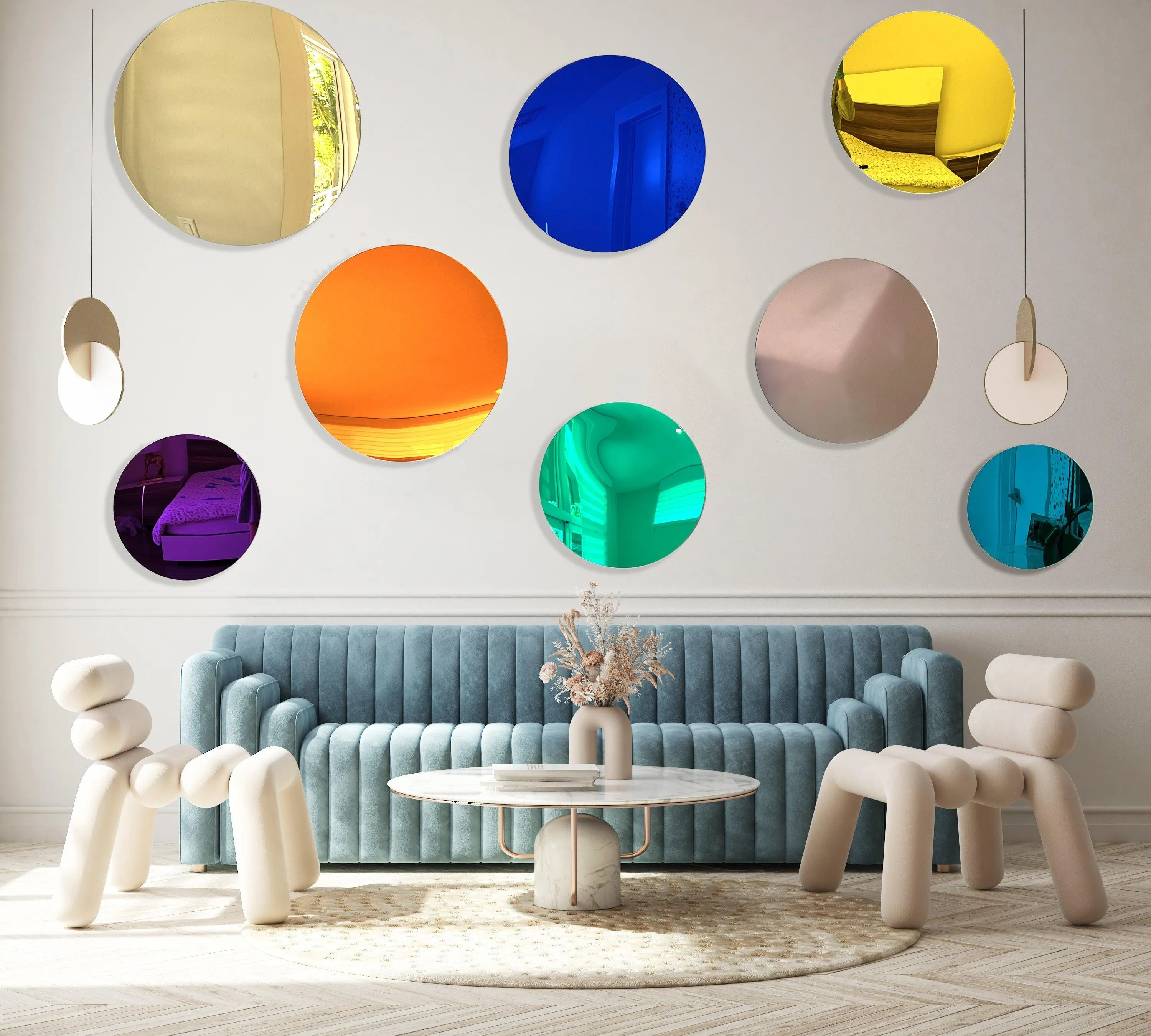 Mirrored Acrylic Circle Round Wall Decor Set of 8 Contemporary Art