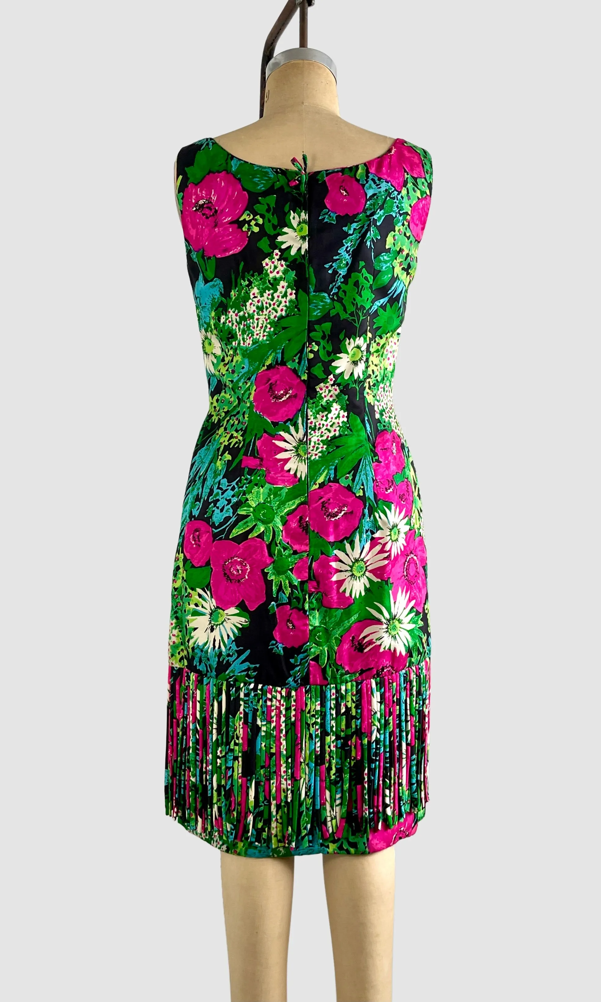 MR. BLACKWELL 50s Silk Floral Dress with Fringe • Medium