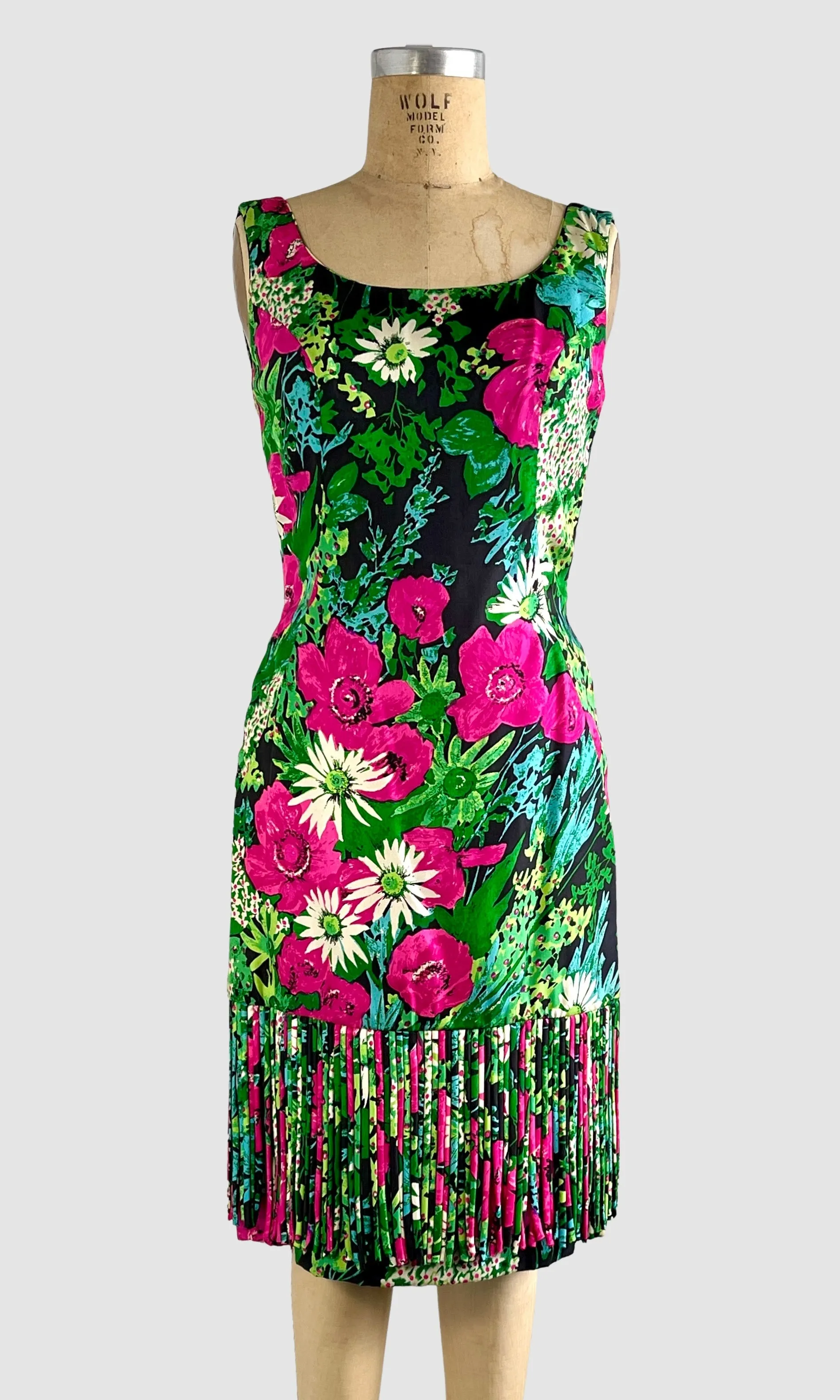 MR. BLACKWELL 50s Silk Floral Dress with Fringe • Medium