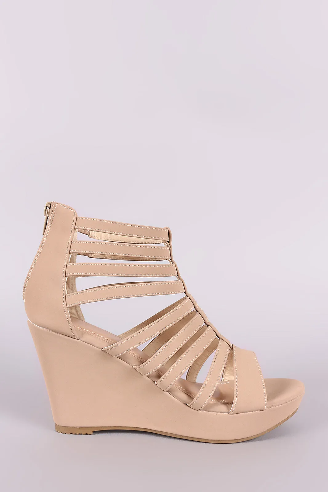 Nubuck Strappy Caged Platform Wedge